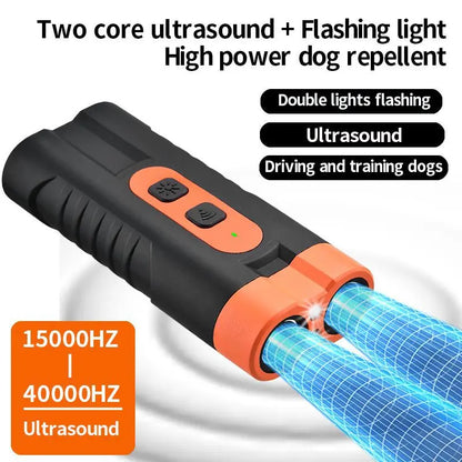 Upgraded Dual-Headed Ultrasonic Dog Repeller and Bark Control Flashlight - Rechargeable Portable Device for Pet Owners and Dog Walkers