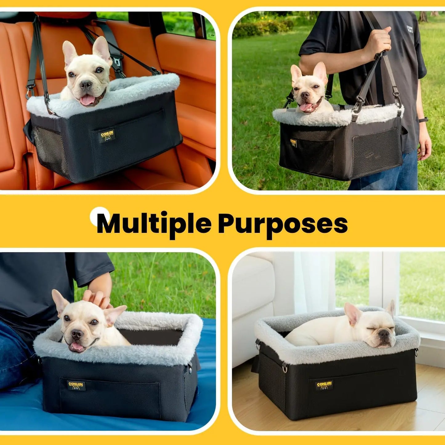 Portable Small Pet Car Booster Seat with Steel Frame, Comfortable Cushion, and Storage Compartment