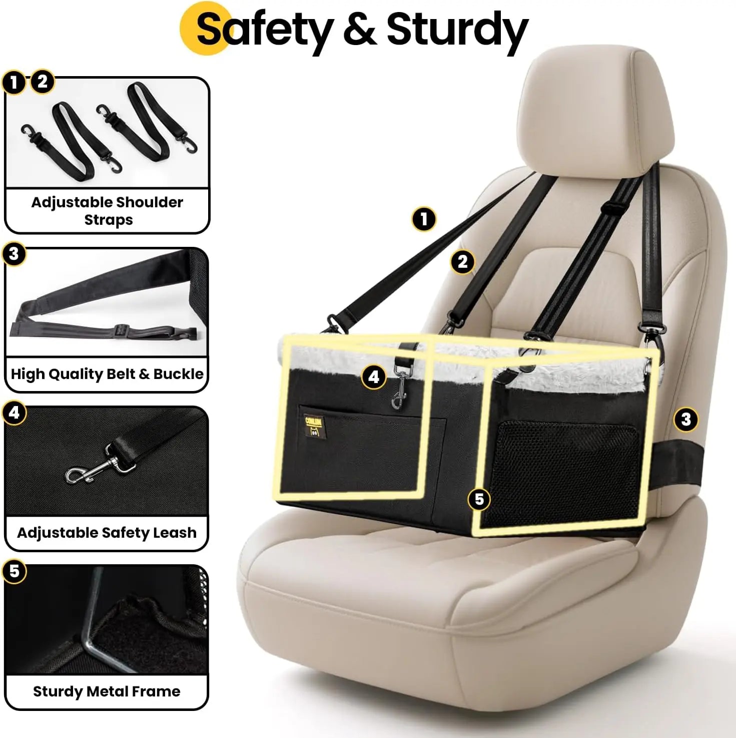 Portable Small Pet Car Booster Seat with Steel Frame, Comfortable Cushion, and Storage Compartment