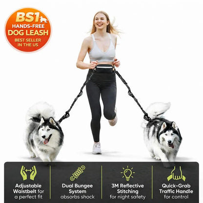 Premium Hands-Free Dog Running Leash with Adjustable Waist Belt | Reflective Bungee Design Featuring Dual Handles and Shock Absorption for Medium and Large Dogs - Perfect for Walking, Jogging, and Hiking