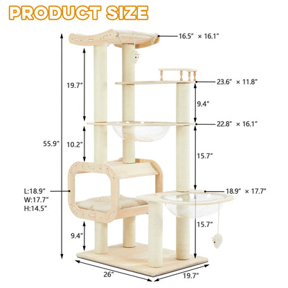 Contemporary Heavy-Duty No-Drill 4-Tier Cat Tree – Sturdy Wooden Platforms, Multi-Column Structure, 55.9-Inch Cat Tower with Open Condo, Dual Space Capsules & Perch, Spacious Indoor Cat Furniture for Multi-Cat Households