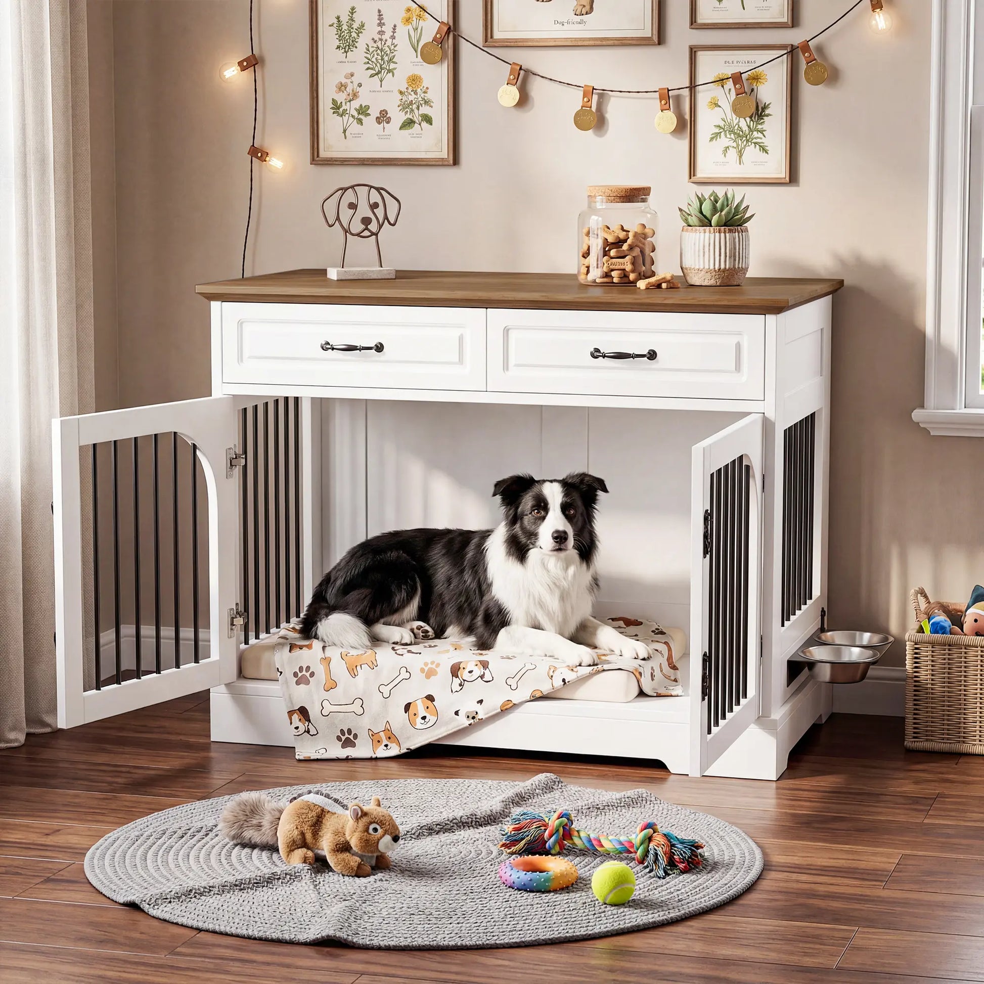 Stylish 43.3" Farmhouse Dog Crate - Elegant Indoor Kennel with 2 Drawers & Rotating Food Bowls for Medium to Large Dogs