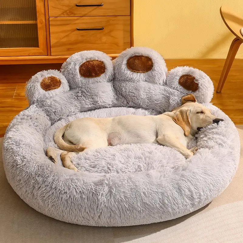 Cozy Bear Paw-Shaped Calming Dog and Cat Bed - Plush, Soft, and Washable with Non-Slip Base in Khaki, Gray, and Pink