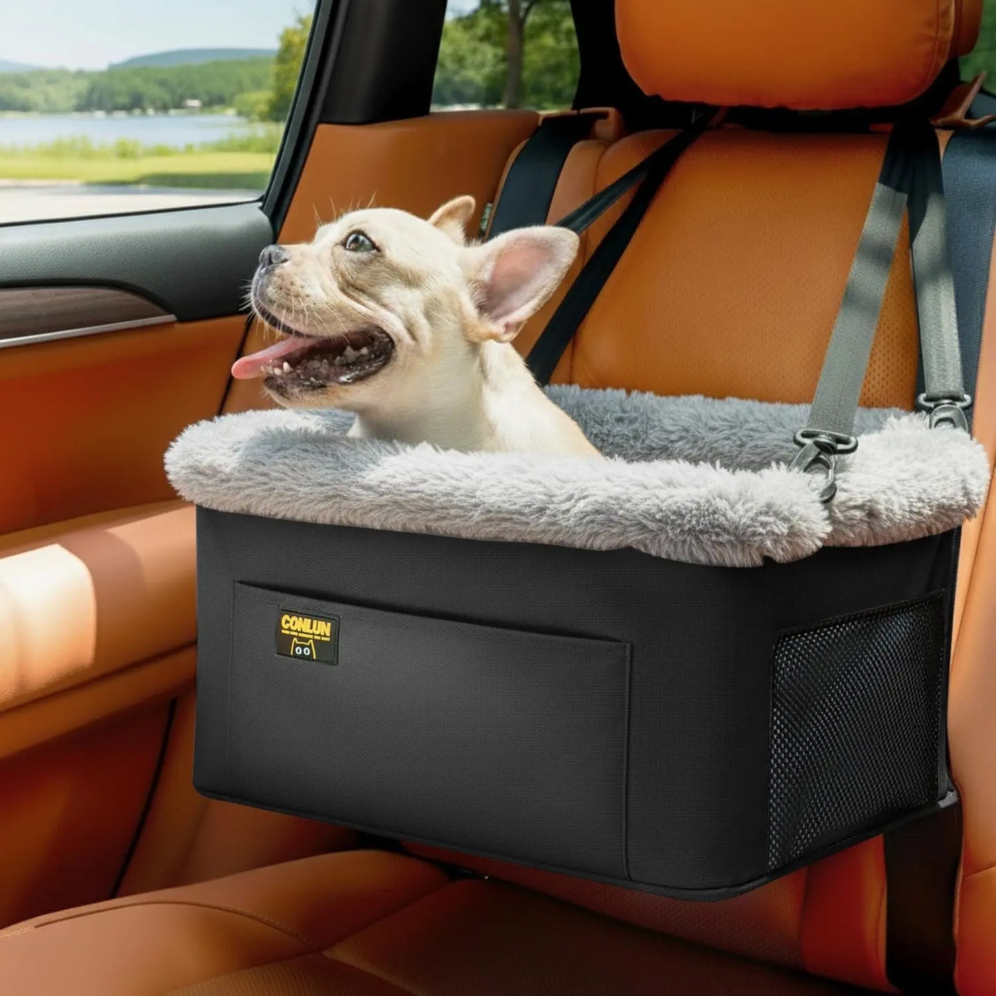 Portable Small Pet Car Booster Seat with Steel Frame, Comfortable Cushion, and Storage Compartment