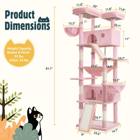 HOOMIC 81-Inch Multi-Level Cat Tree with Condo, Hammock, Scratching Post, and Sturdy Base for Larger Cats - Available in Multiple Colors and Patterns