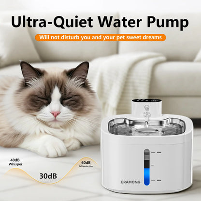 ERAMONG Smart Indoor Wireless Pet Water Fountain – 3.5L Battery-Operated with Stainless Steel Tray, Motion Sensor, and 4-Layer Filtration System for Cats and Dogs