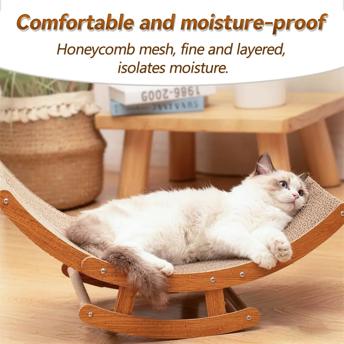 Bohemian-Inspired Rocking Cat Scratcher Bed with Natural Sisal and Sturdy Wood Frame, Anti-Anxiety Lounge for Medium to Large Cats and Kittens, Easy Assembly