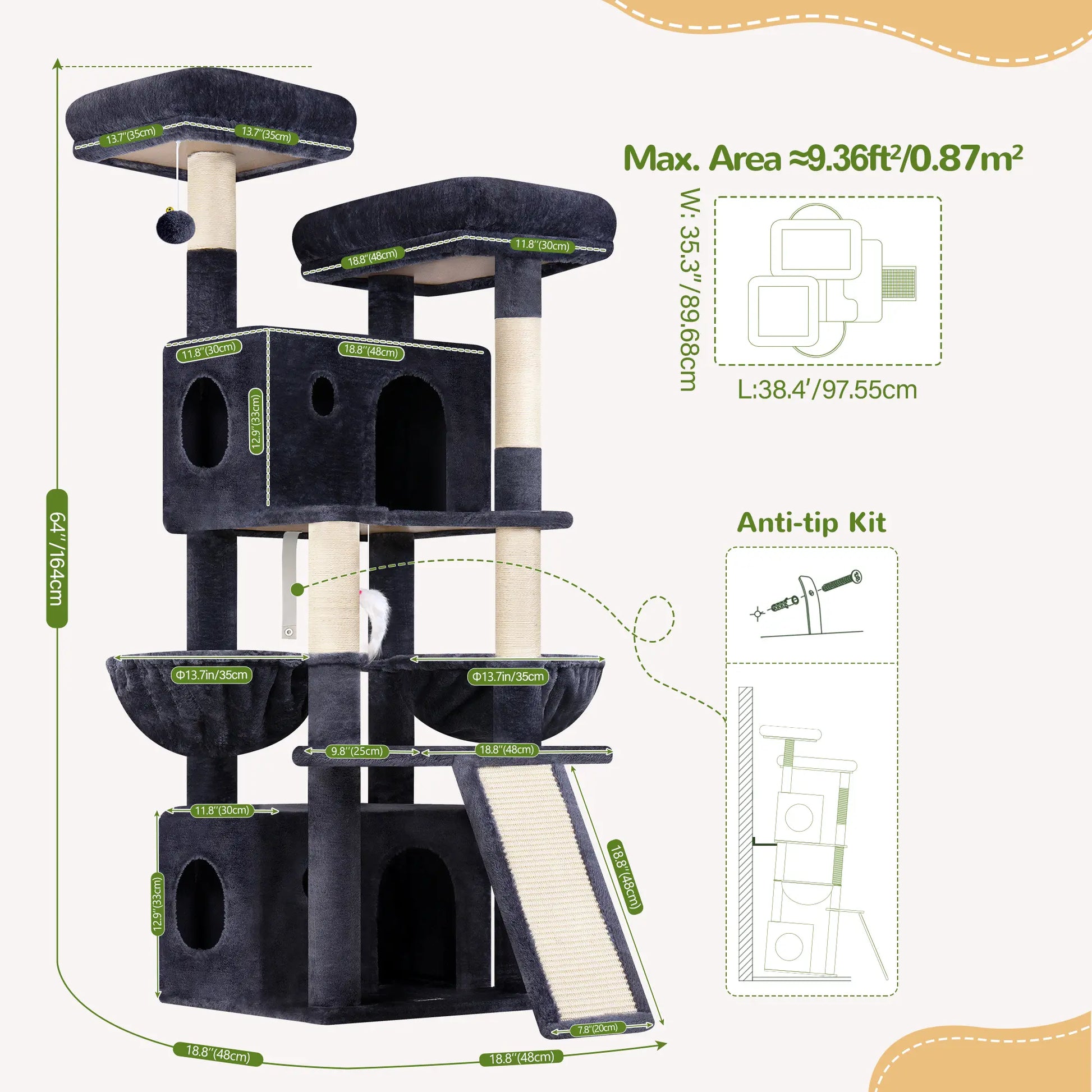 Globlazer F64B 64-Inch Premium Multi-Level Cat Tower - Sturdy Design for Multiple Cats
