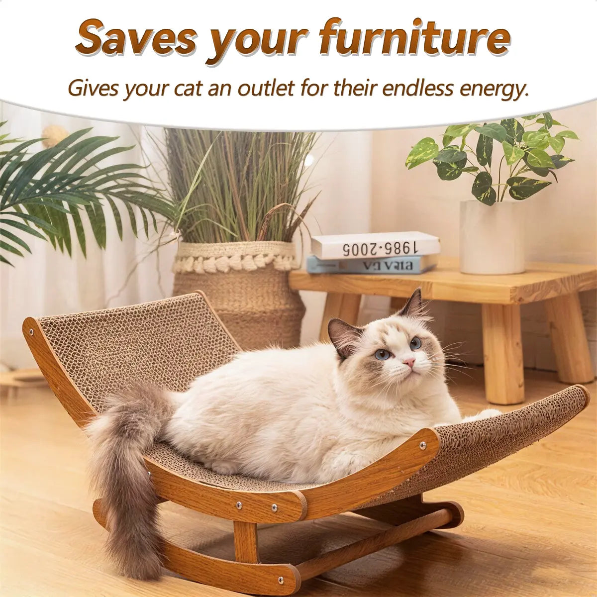 Bohemian-Inspired Rocking Cat Scratcher Bed with Natural Sisal and Sturdy Wood Frame, Anti-Anxiety Lounge for Medium to Large Cats and Kittens, Easy Assembly