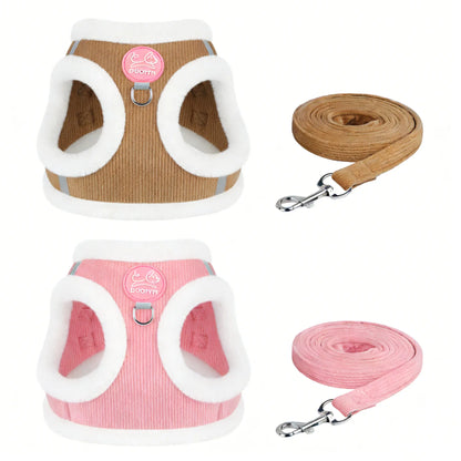 Yuy Pet Adjustable Safety Harness with Leash for Dogs and Cats, Soft Plush Chest Strap for Outdoor Walking, Reflective Strip Design, Set of 2