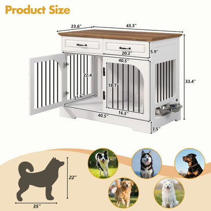 Stylish 43.3" Farmhouse Dog Crate - Elegant Indoor Kennel with 2 Drawers & Rotating Food Bowls for Medium to Large Dogs