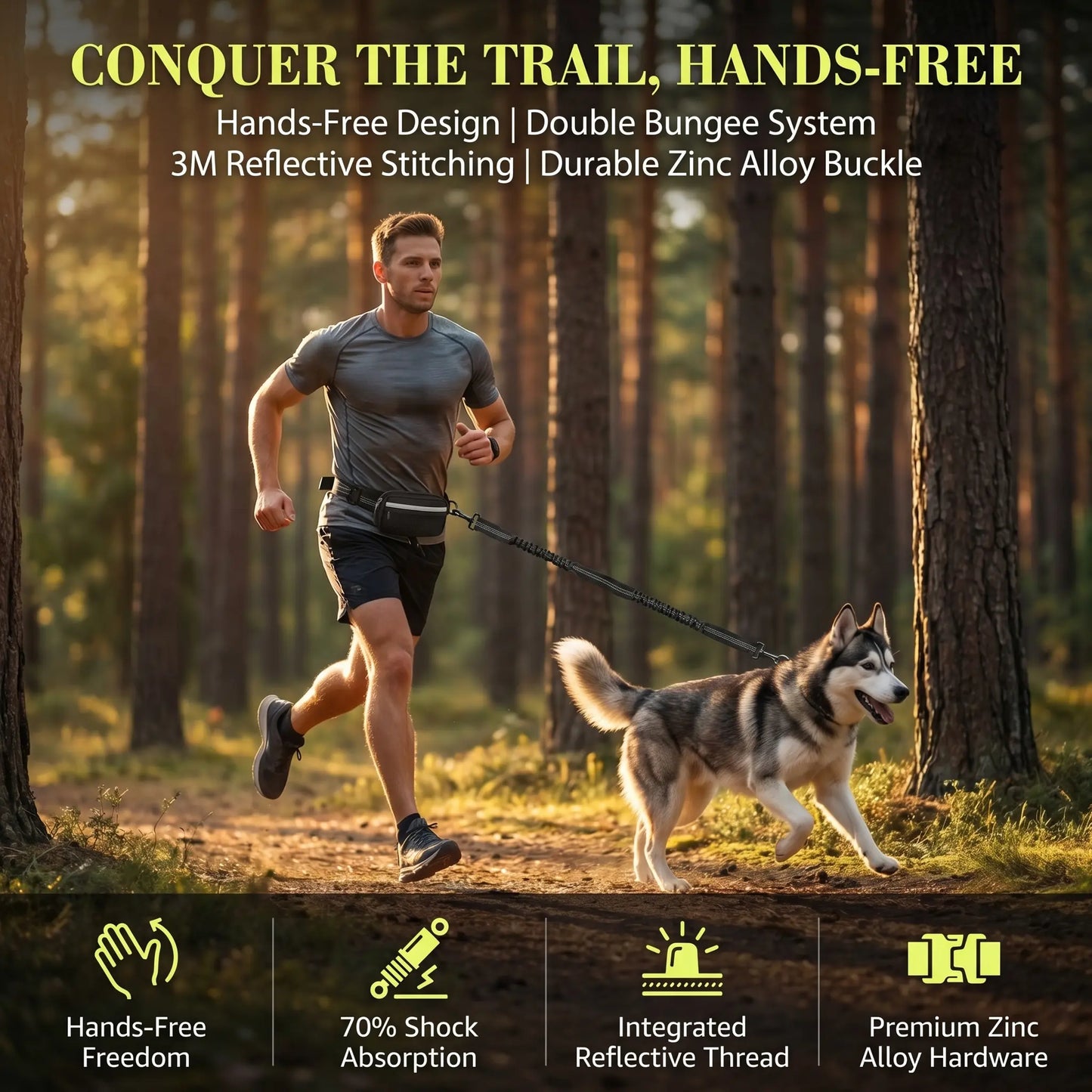 Premium Hands-Free Dog Running Leash with Adjustable Waist Belt | Reflective Bungee Design Featuring Dual Handles and Shock Absorption for Medium and Large Dogs - Perfect for Walking, Jogging, and Hiking