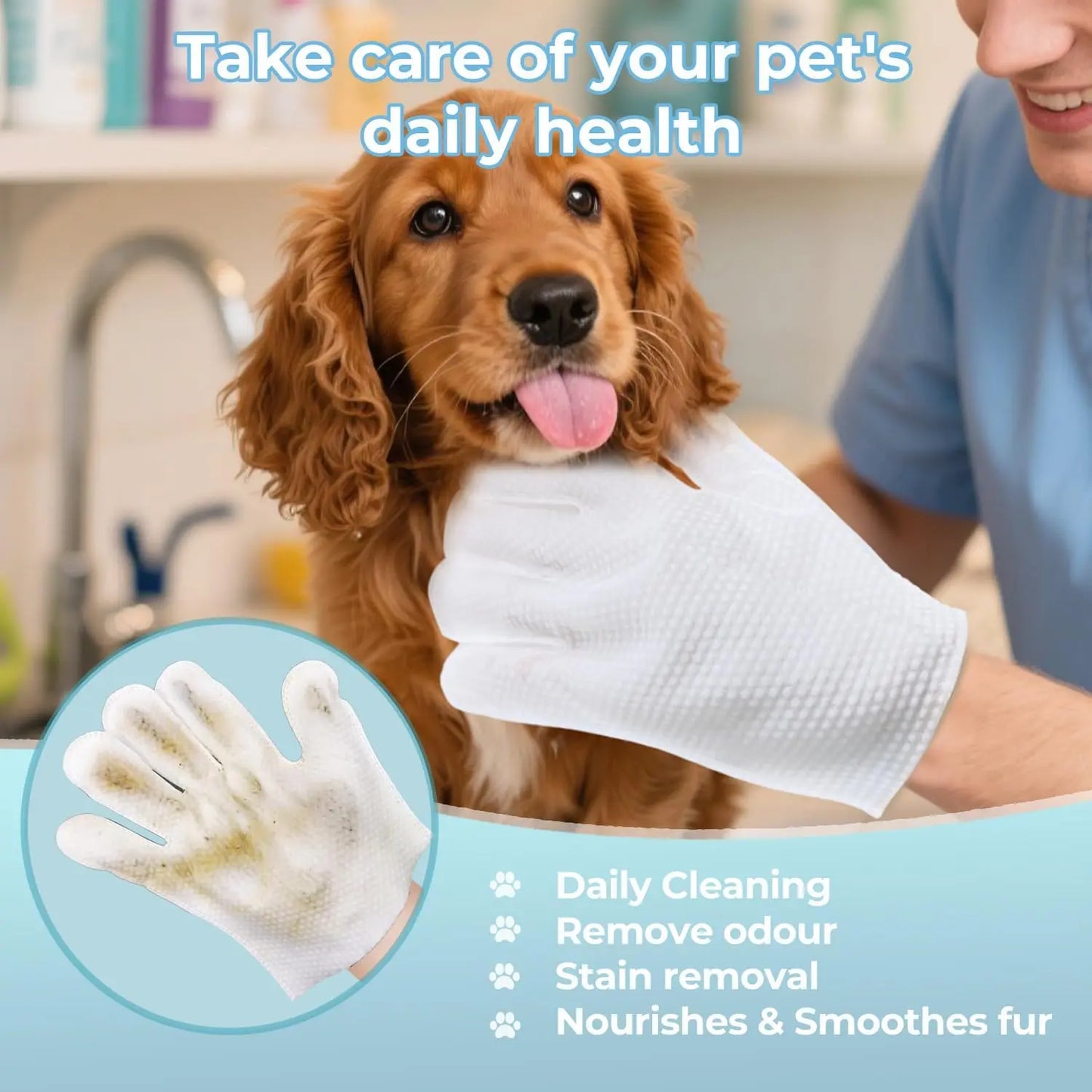 Pet Grooming Gloves and Bathing Wipes for Dogs and Cats - Hypoallergenic, Moisturizing, No-Rinse Cleaning and Deodorizing Solution (6-Piece Set)