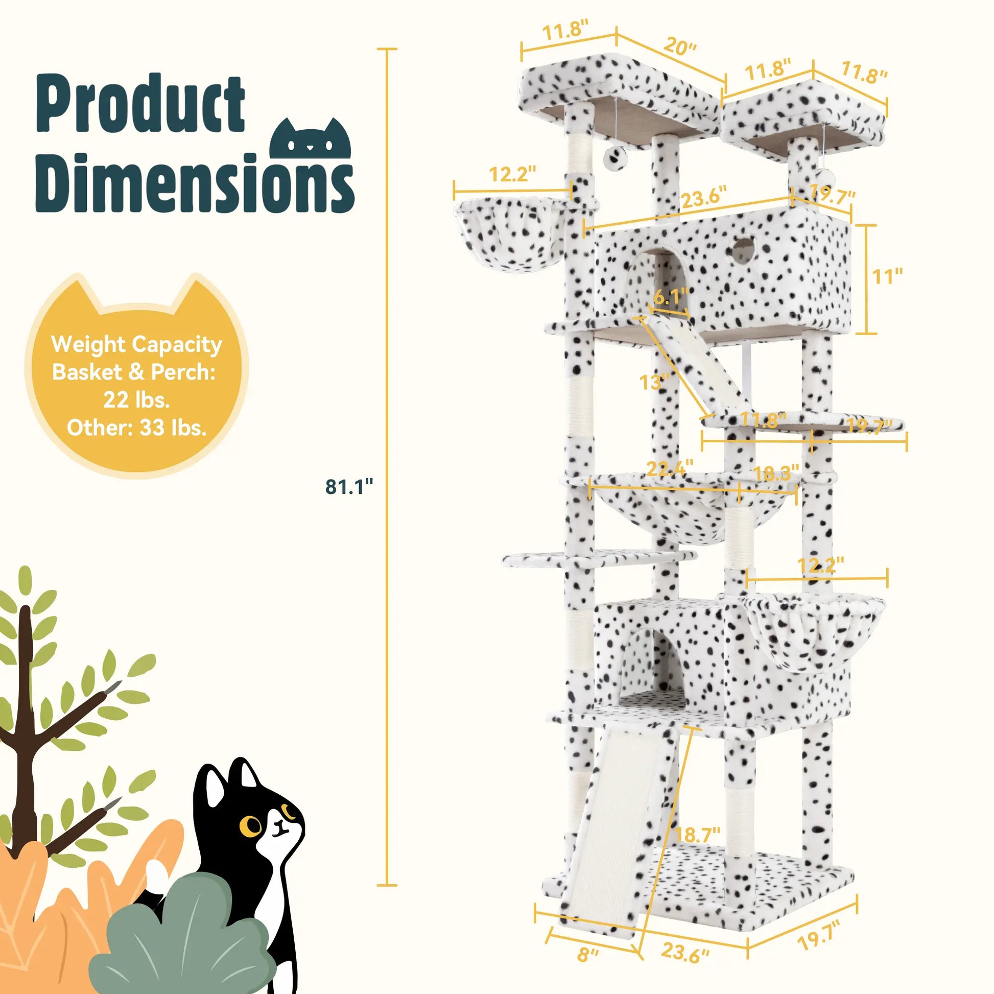 HOOMIC 81-Inch Multi-Level Cat Tree with Condo, Hammock, Scratching Post, and Sturdy Base for Larger Cats - Available in Multiple Colors and Patterns