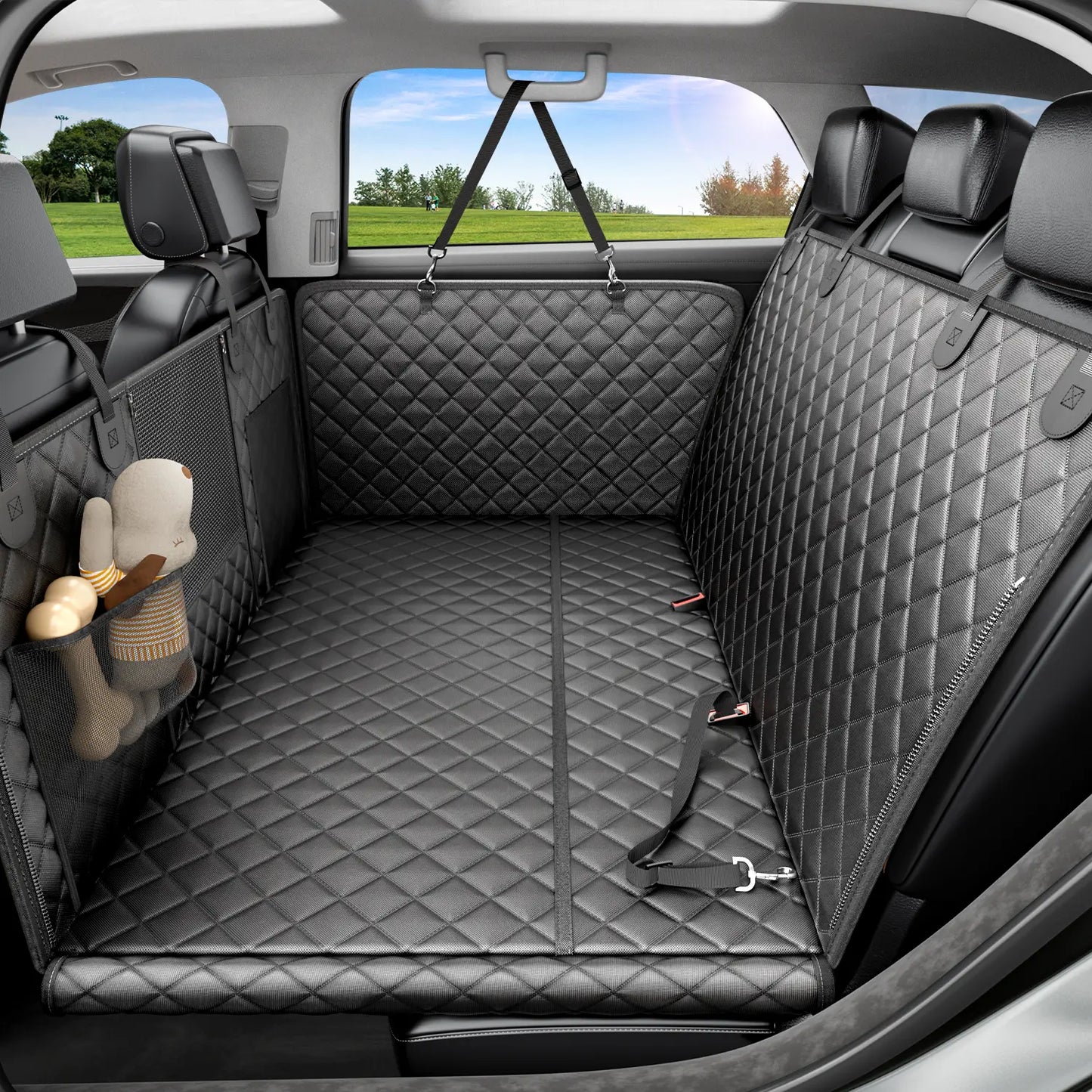 REEVAA Premium Heavy-Duty Waterproof Dog Seat Cover with Back Seat Extender, Cushioned Sponge, Mesh Window, Universal Fit for Crew Cab Trucks and SUVs, Black