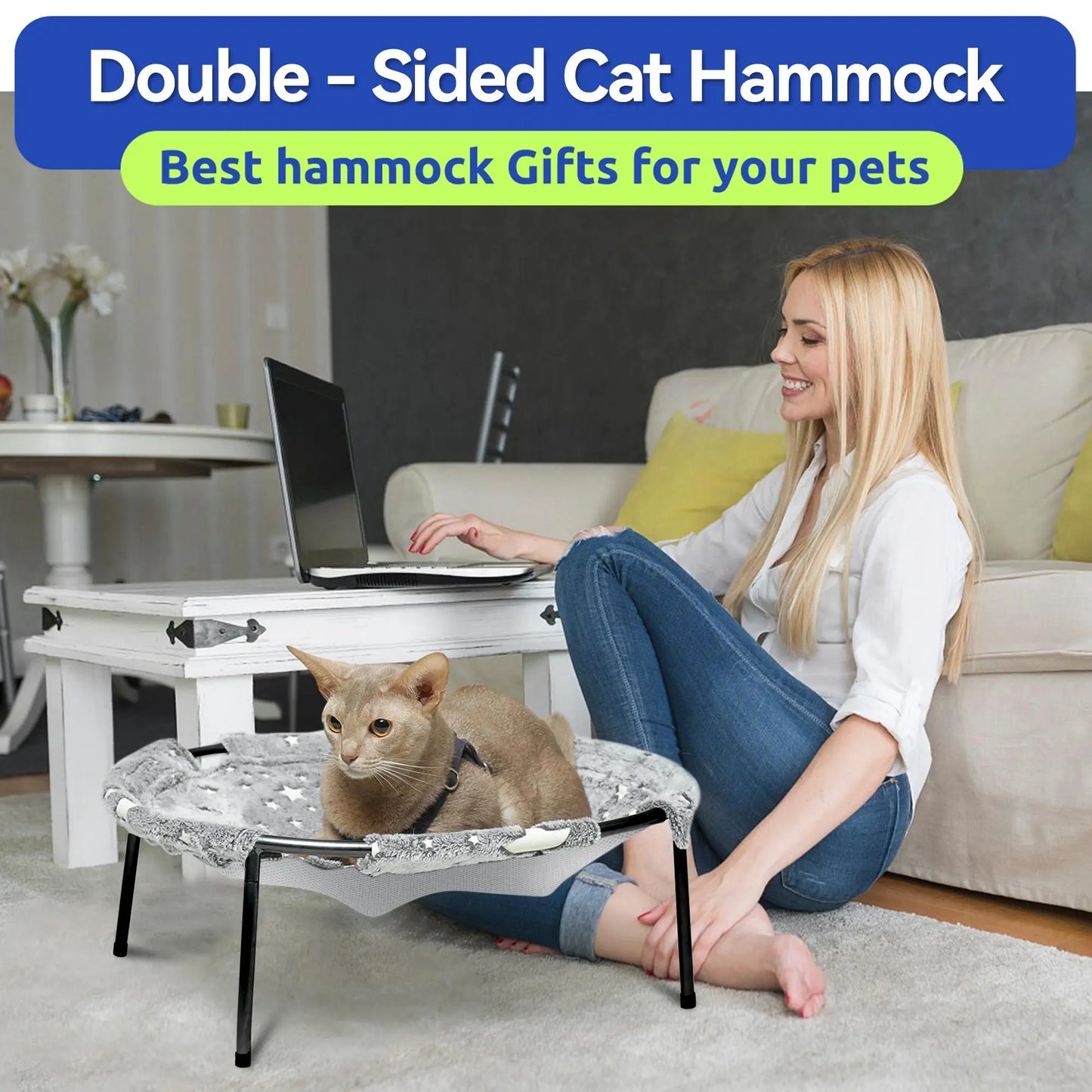 Elevated Cat Hammock Bed with Metal Frame and Removable Dual-Sided Cover, Breathable Raised Lounger for Indoor Cats and Small Dogs, Easy Tool-Free Assembly