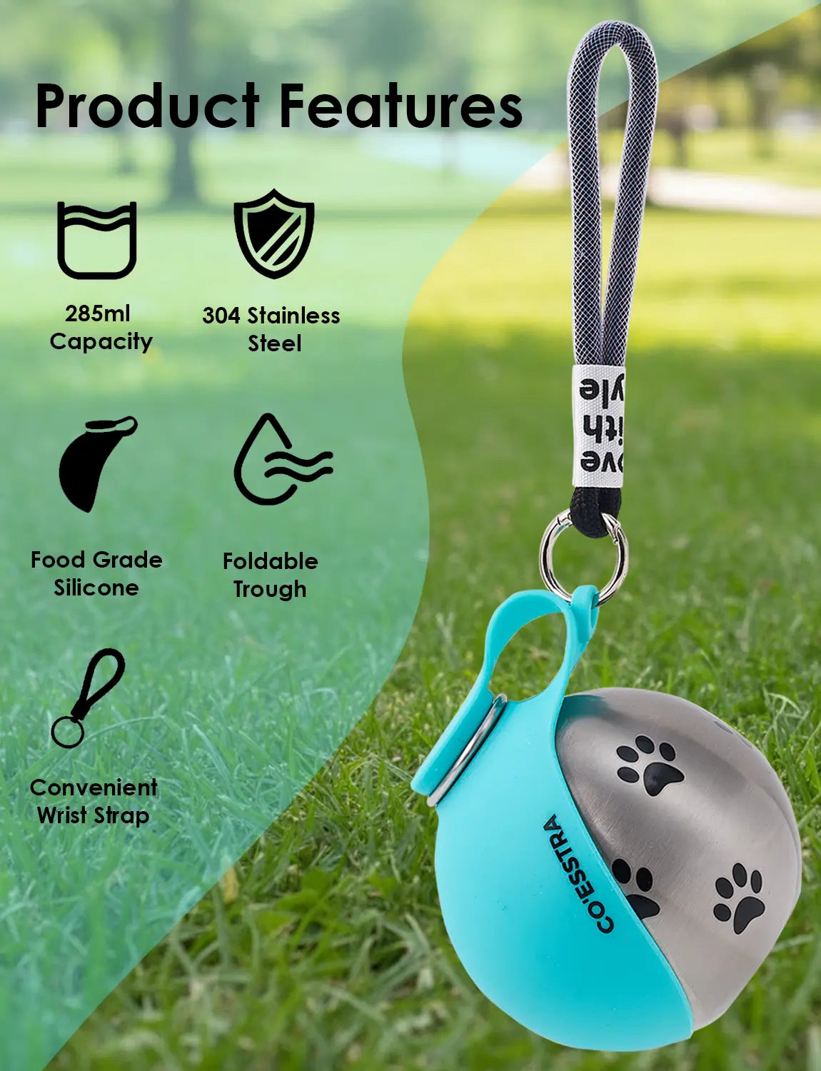 Stainless Steel Pet Water Bottle with Built-In Drinking Basin — 285ml Leak-Proof Travel Solution for Dogs and Cats, Perfect for Walks, Road Trips, and Outdoor Activities