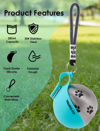 Stainless Steel Pet Water Bottle with Built-In Drinking Basin — 285ml Leak-Proof Travel Solution for Dogs and Cats, Perfect for Walks, Road Trips, and Outdoor Activities