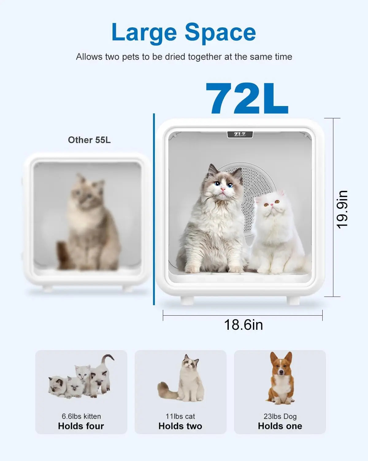Professional Pet Dryer Box for Cats and Dogs – 72L Ultra-Quiet Hair Drying Machine with Adjustable Temperature and Airflow Function – Portable Solution for Home Bathing