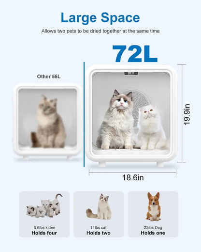 Professional Pet Dryer Box for Cats and Dogs – 72L Ultra-Quiet Hair Drying Machine with Adjustable Temperature and Airflow Function – Portable Solution for Home Bathing