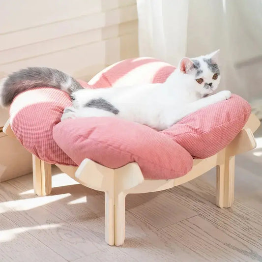 Luxurious Elevated Flower Cat Bed - Stylish Wooden Lounge with Cozy Cushion for Indoor Cats and Dogs - Perfect Raised Pet Sofa for Ultimate Relaxation