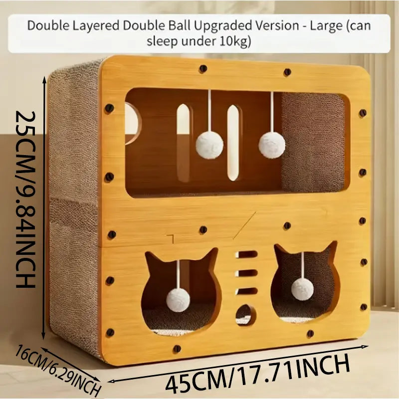 Multi-Functional Indoor/Outdoor Cat Condo with Dual Scratch Pads, Plush Balls, and Ventilated Door - Durable Plywood and Kraft Paper Shelter for Enhanced Comfort