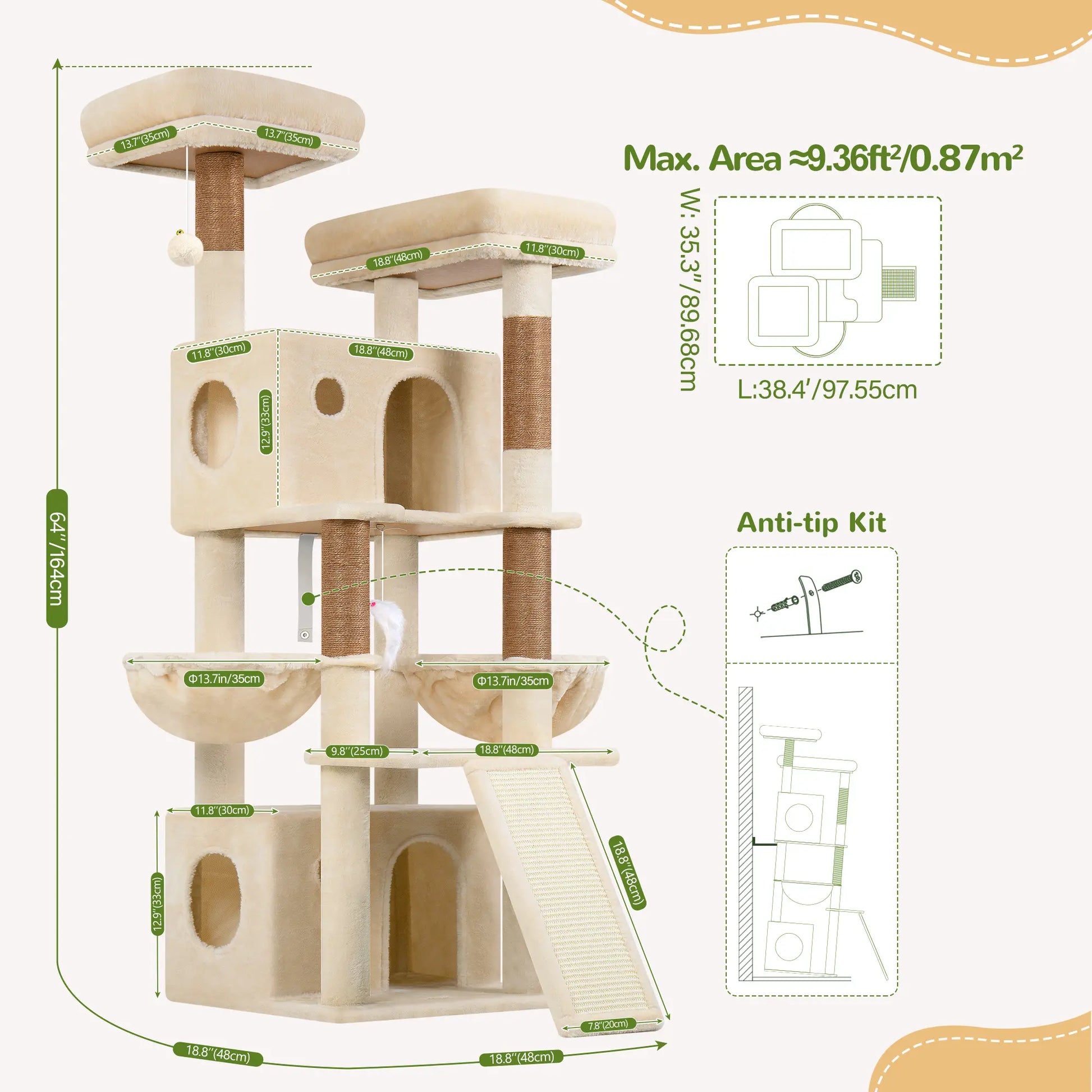 Globlazer F64B 64-Inch Premium Multi-Level Cat Tower - Sturdy Design for Multiple Cats