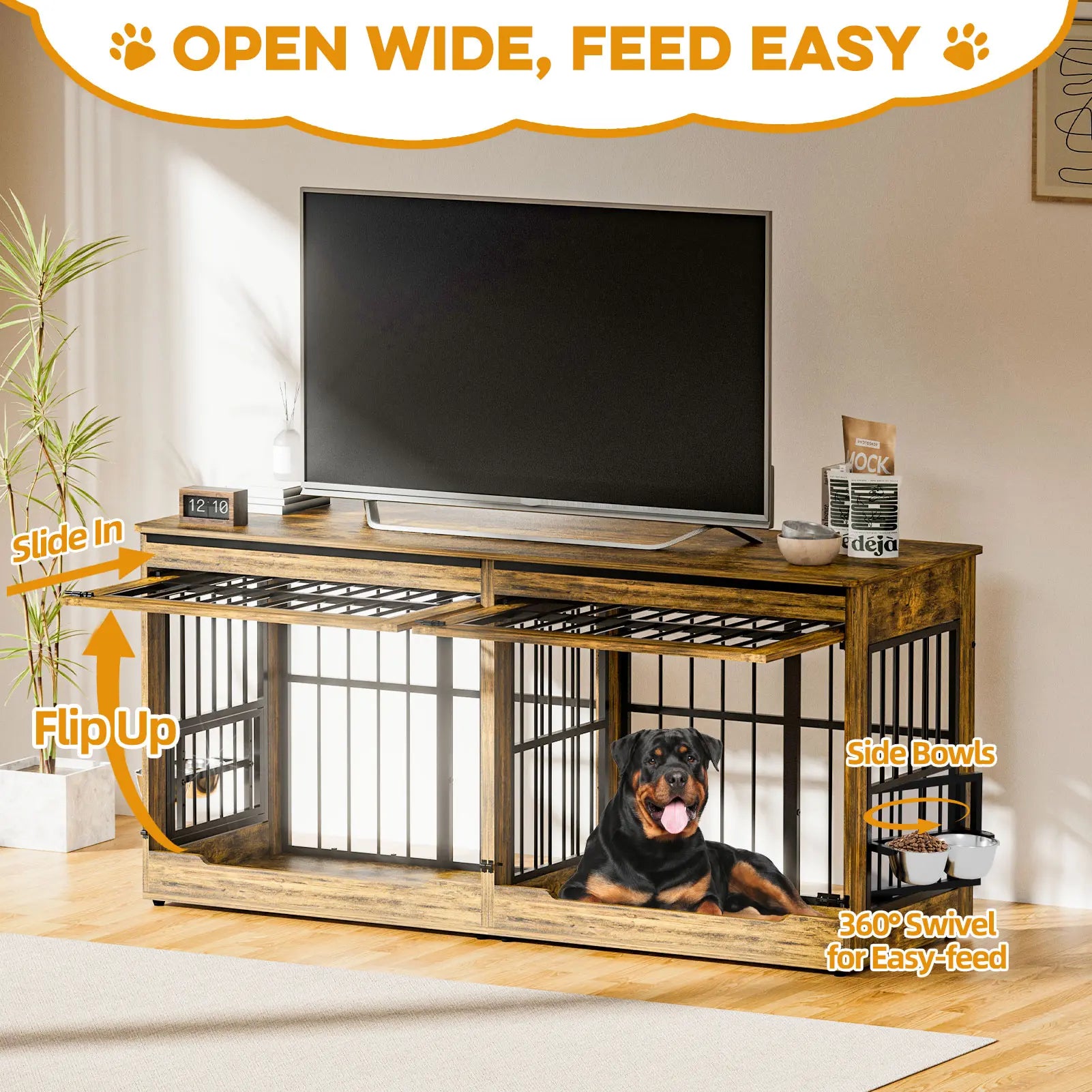 [2 Carton]78" Heavy Duty Indestructible Extra Large Dog Crate with Divider – Double Door Indoor Wooden Kennel, Removable Divider & 360° Swivel Bowls, Reinforced Steel Bars for Extra Large Dogs or Two Medium-Large Dogs Tiktokshopspringg