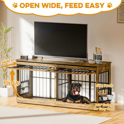 [2 Carton]78" Heavy Duty Indestructible Extra Large Dog Crate with Divider – Double Door Indoor Wooden Kennel, Removable Divider & 360° Swivel Bowls, Reinforced Steel Bars for Extra Large Dogs or Two Medium-Large Dogs Tiktokshopspringg