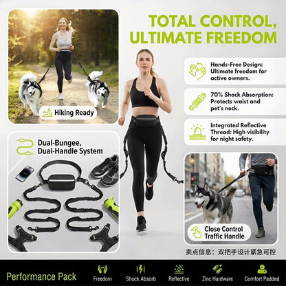 Premium Hands-Free Dog Running Leash with Adjustable Waist Belt | Reflective Bungee Design Featuring Dual Handles and Shock Absorption for Medium and Large Dogs - Perfect for Walking, Jogging, and Hiking