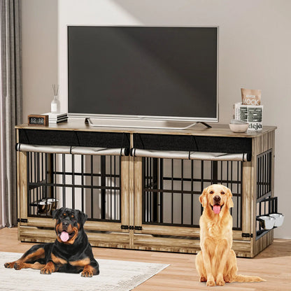 [2 Carton]78" Heavy Duty Indestructible Extra Large Dog Crate with Divider – Double Door Indoor Wooden Kennel, Removable Divider & 360° Swivel Bowls, Reinforced Steel Bars for Extra Large Dogs or Two Medium-Large Dogs Tiktokshopspringg