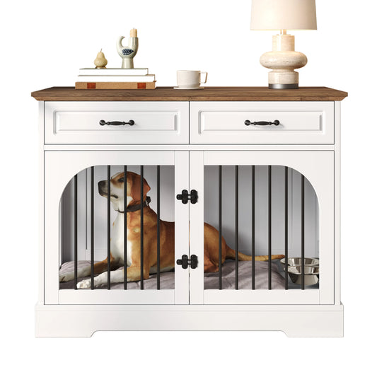 Stylish 43.3" Farmhouse Dog Crate - Elegant Indoor Kennel with 2 Drawers & Rotating Food Bowls for Medium to Large Dogs