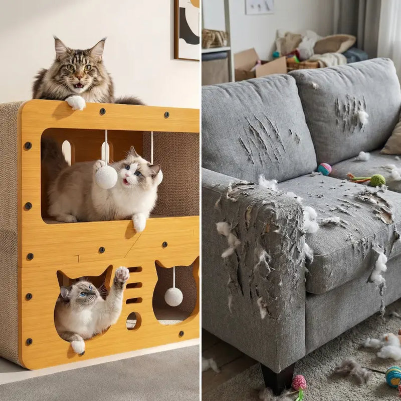 Multi-Functional Indoor/Outdoor Cat Condo with Dual Scratch Pads, Plush Balls, and Ventilated Door - Durable Plywood and Kraft Paper Shelter for Enhanced Comfort