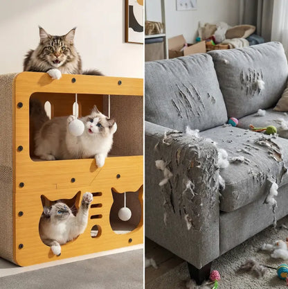 Multi-Functional Indoor/Outdoor Cat Condo with Dual Scratch Pads, Plush Balls, and Ventilated Door - Durable Plywood and Kraft Paper Shelter for Enhanced Comfort
