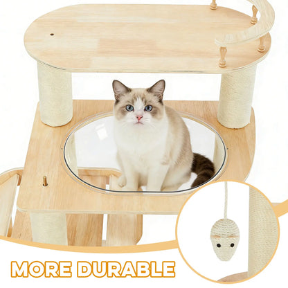 Contemporary Heavy-Duty No-Drill 4-Tier Cat Tree – Sturdy Wooden Platforms, Multi-Column Structure, 55.9-Inch Cat Tower with Open Condo, Dual Space Capsules & Perch, Spacious Indoor Cat Furniture for Multi-Cat Households