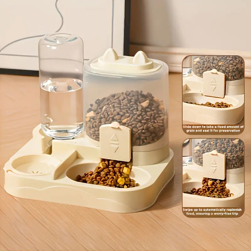 Automatic 2-in-1 Cat Feeder and Water Dispenser with Gravity Feed System, BPA-Free, Dry and Wet Separation, Perfect for Indoor Cats and Dogs, Travel-Friendly Design