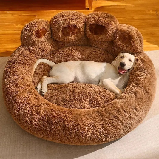 Cozy Bear Paw-Shaped Calming Dog and Cat Bed - Plush, Soft, and Washable with Non-Slip Base in Khaki, Gray, and Pink