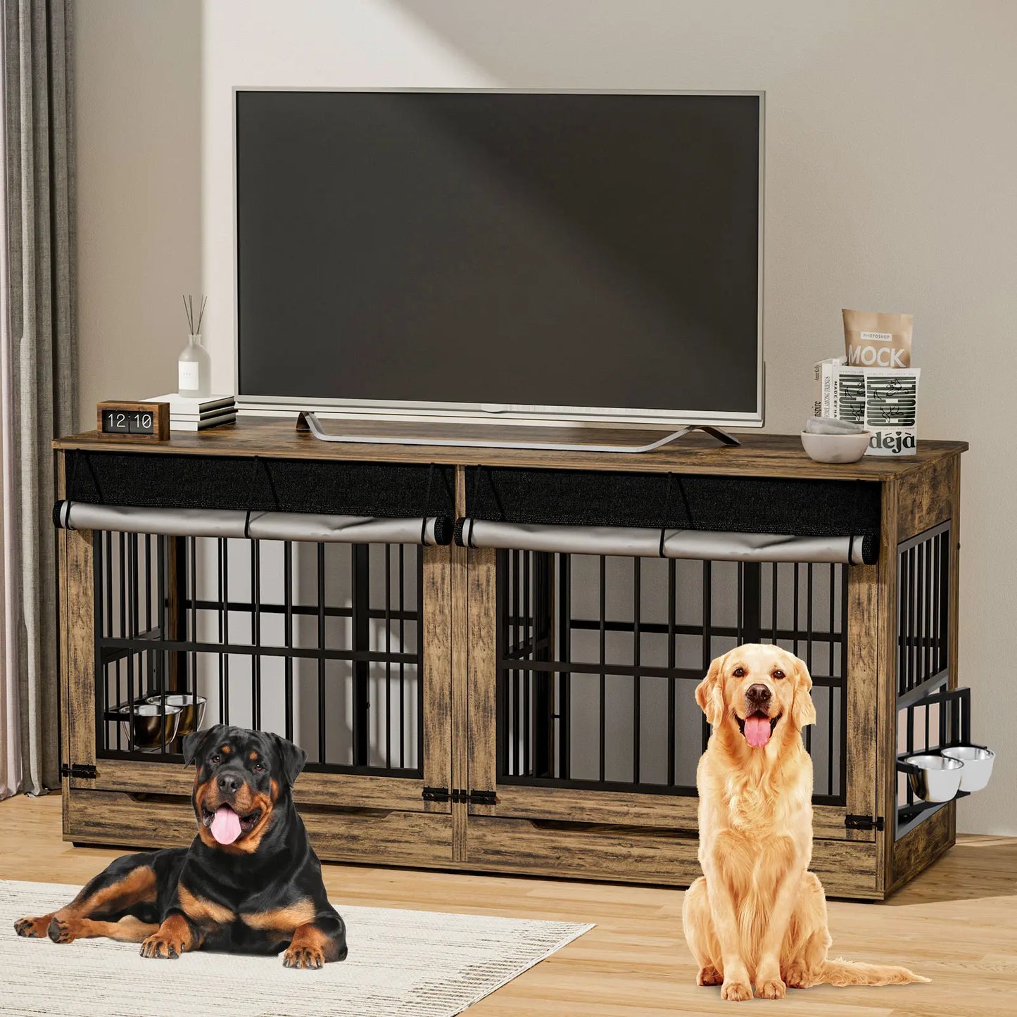 [2 Carton]78" Heavy Duty Indestructible Extra Large Dog Crate with Divider – Double Door Indoor Wooden Kennel, Removable Divider & 360° Swivel Bowls, Reinforced Steel Bars for Extra Large Dogs or Two Medium-Large Dogs Tiktokshopspringg