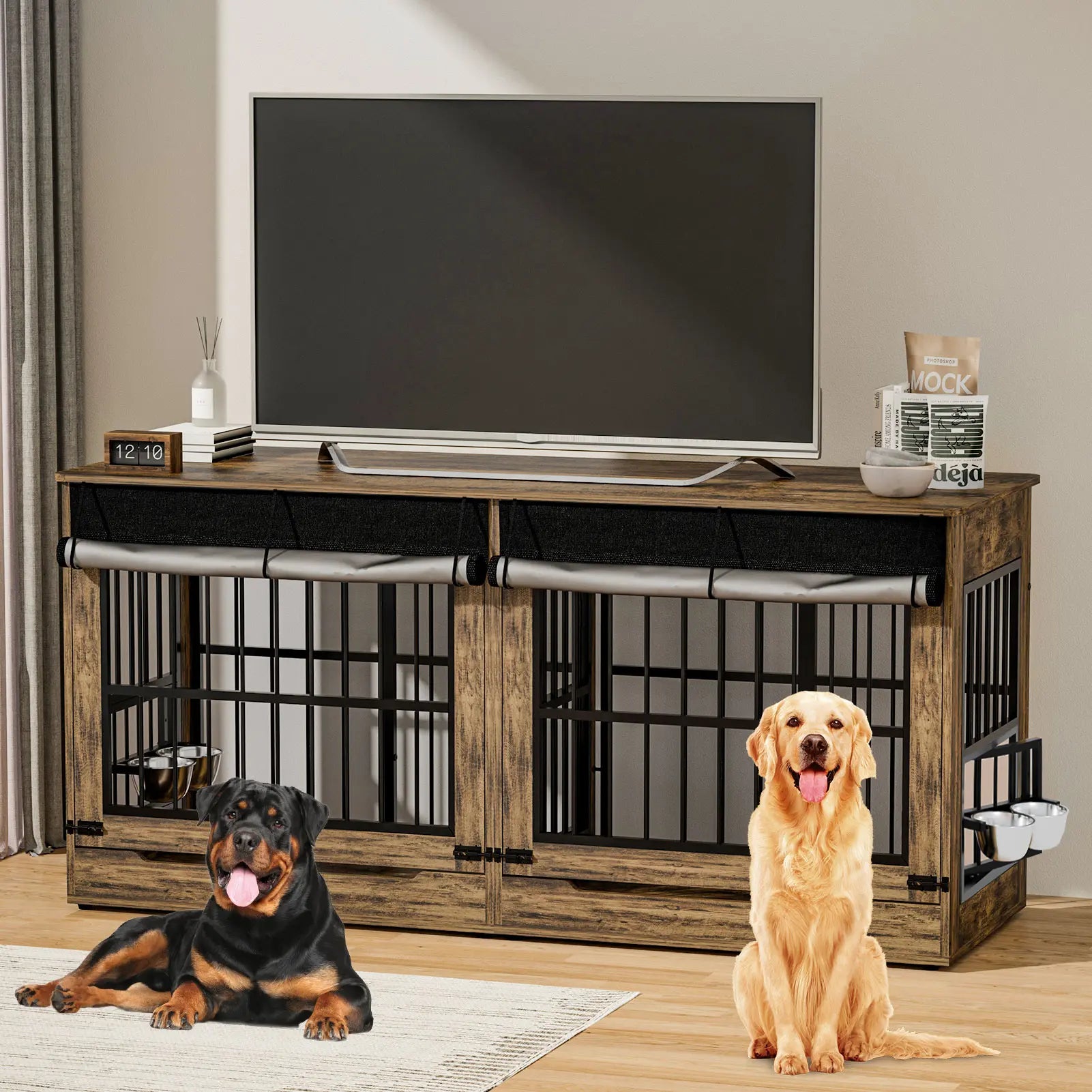 [2 Carton]78" Heavy Duty Indestructible Extra Large Dog Crate with Divider – Double Door Indoor Wooden Kennel, Removable Divider & 360° Swivel Bowls, Reinforced Steel Bars for Extra Large Dogs or Two Medium-Large Dogs Tiktokshopspringg