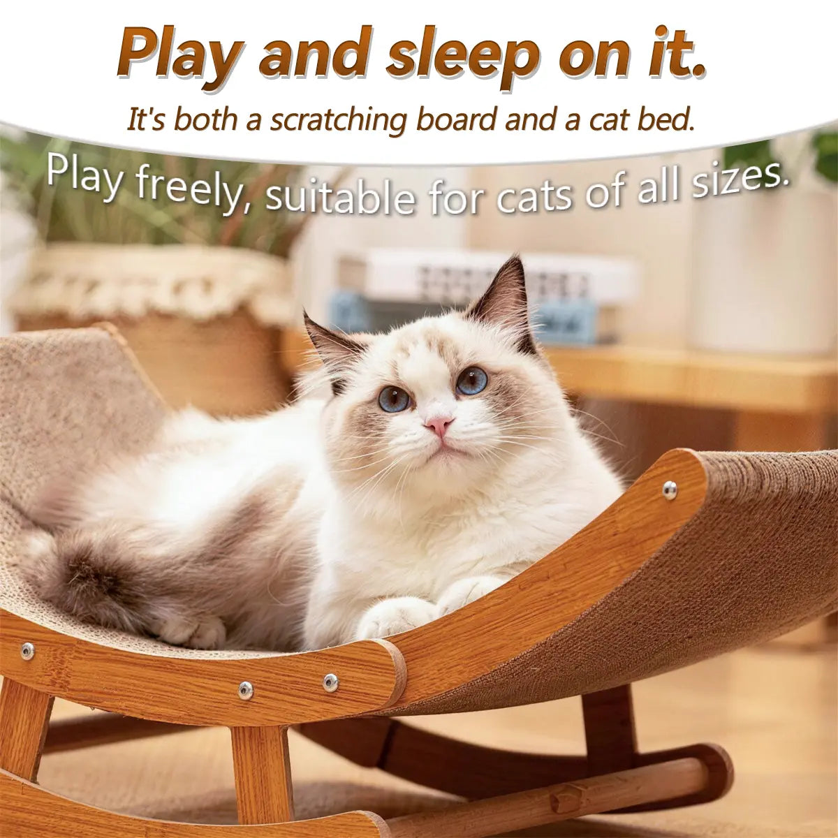 Bohemian-Inspired Rocking Cat Scratcher Bed with Natural Sisal and Sturdy Wood Frame, Anti-Anxiety Lounge for Medium to Large Cats and Kittens, Easy Assembly