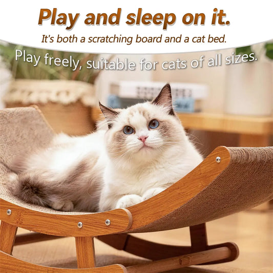 Bohemian-Inspired Rocking Cat Scratcher Bed with Natural Sisal and Sturdy Wood Frame, Anti-Anxiety Lounge for Medium to Large Cats and Kittens, Easy Assembly