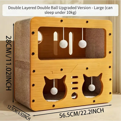 Multi-Functional Indoor/Outdoor Cat Condo with Dual Scratch Pads, Plush Balls, and Ventilated Door - Durable Plywood and Kraft Paper Shelter for Enhanced Comfort