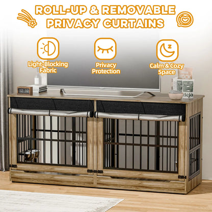 [2 Carton]78" Heavy Duty Indestructible Extra Large Dog Crate with Divider – Double Door Indoor Wooden Kennel, Removable Divider & 360° Swivel Bowls, Reinforced Steel Bars for Extra Large Dogs or Two Medium-Large Dogs Tiktokshopspringg