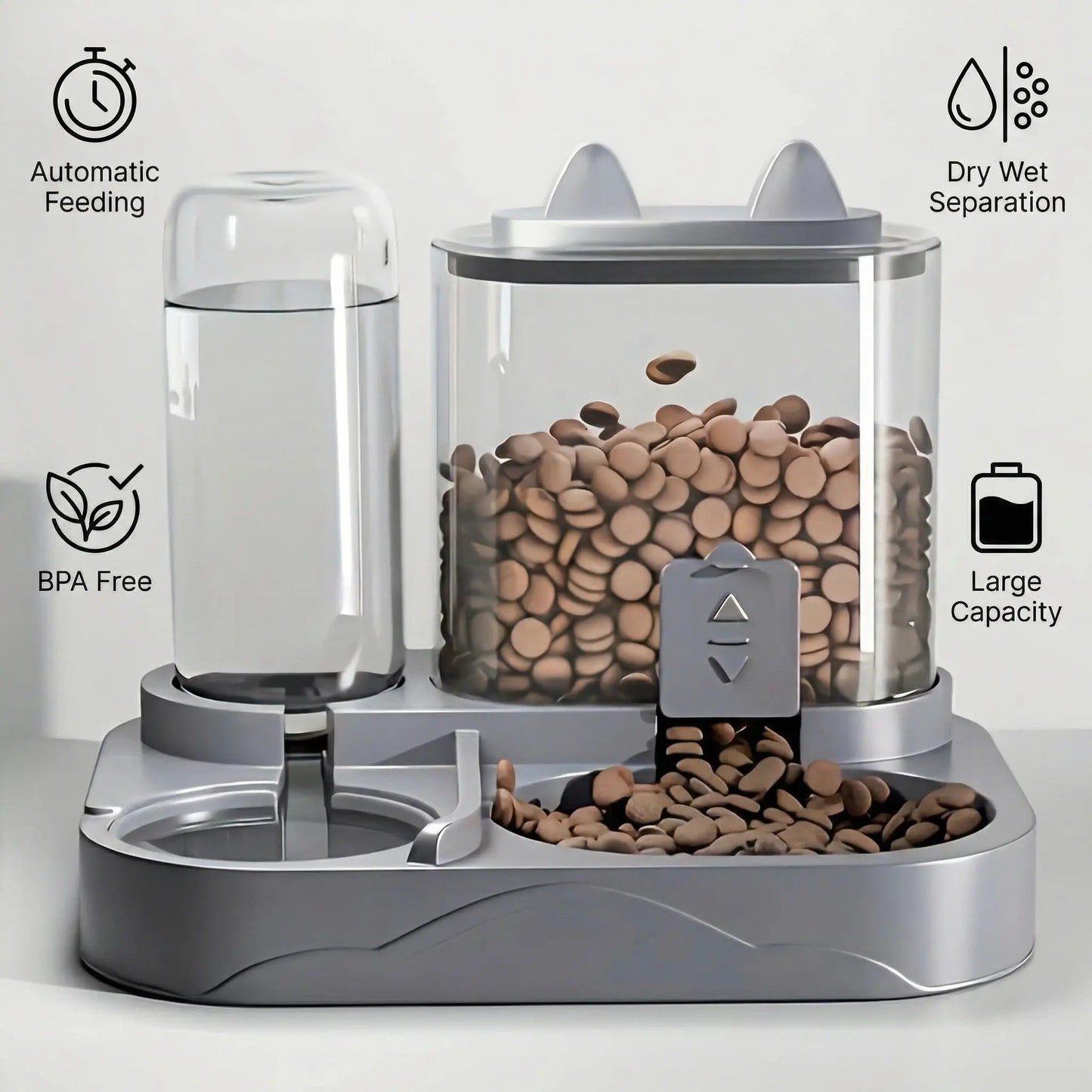 Automatic 2-in-1 Cat Feeder and Water Dispenser with Gravity Feed System, BPA-Free, Dry and Wet Separation, Perfect for Indoor Cats and Dogs, Travel-Friendly Design