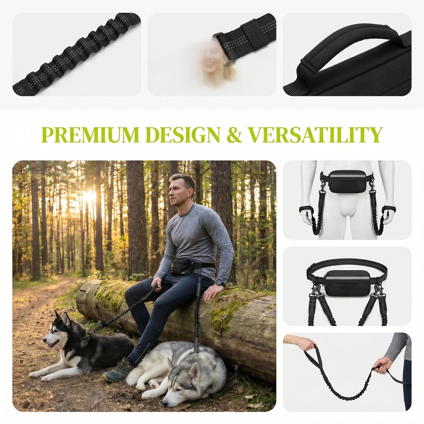 Premium Hands-Free Dog Running Leash with Adjustable Waist Belt | Reflective Bungee Design Featuring Dual Handles and Shock Absorption for Medium and Large Dogs - Perfect for Walking, Jogging, and Hiking