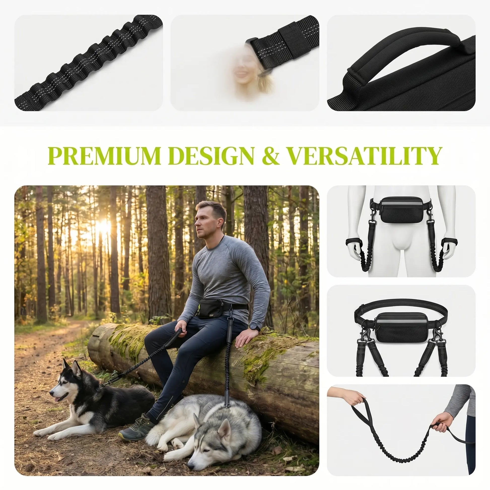 Premium Hands-Free Dog Running Leash with Adjustable Waist Belt | Reflective Bungee Design Featuring Dual Handles and Shock Absorption for Medium and Large Dogs - Perfect for Walking, Jogging, and Hiking