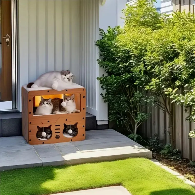 Multi-Functional Indoor/Outdoor Cat Condo with Dual Scratch Pads, Plush Balls, and Ventilated Door - Durable Plywood and Kraft Paper Shelter for Enhanced Comfort