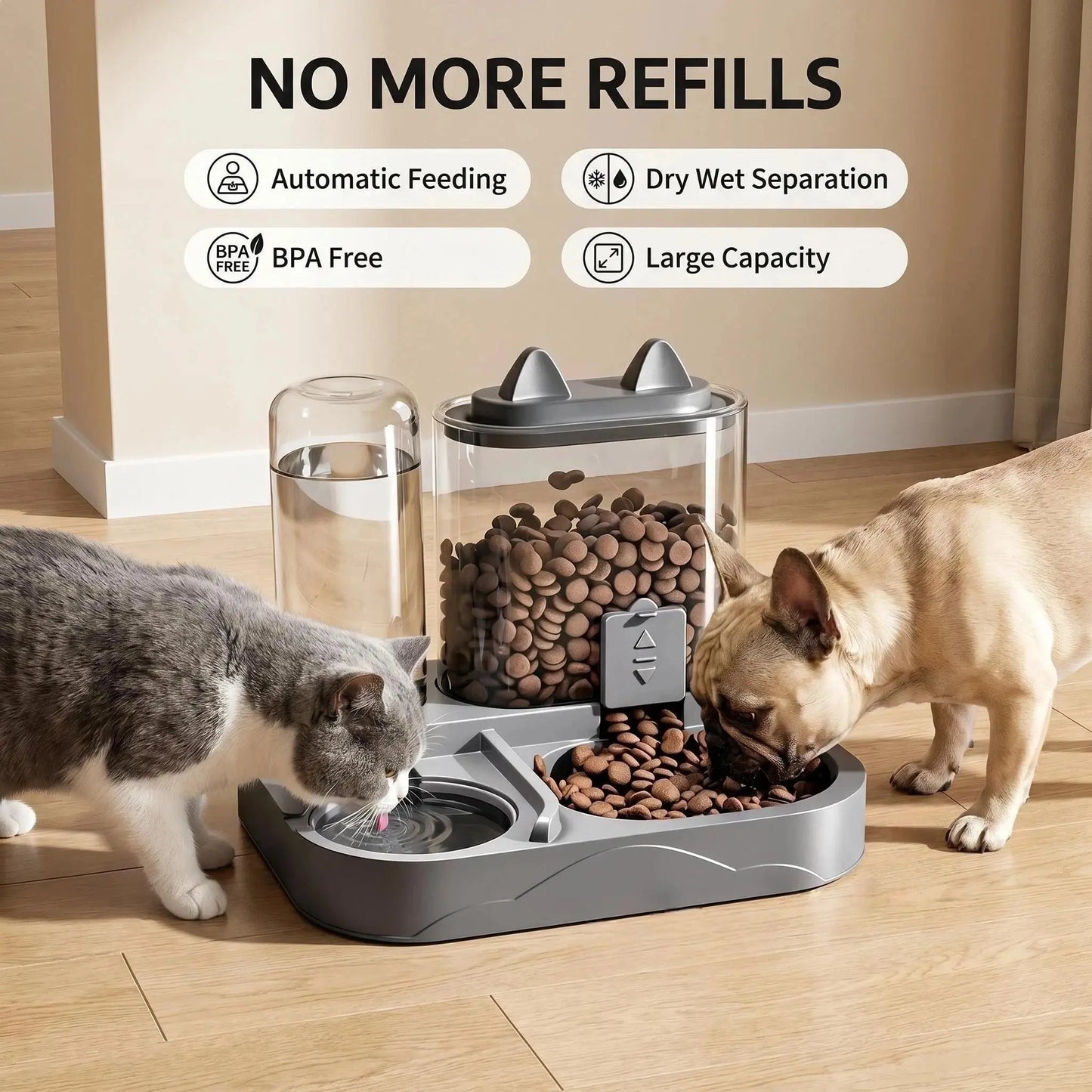 Automatic 2-in-1 Cat Feeder and Water Dispenser with Gravity Feed System, BPA-Free, Dry and Wet Separation, Perfect for Indoor Cats and Dogs, Travel-Friendly Design